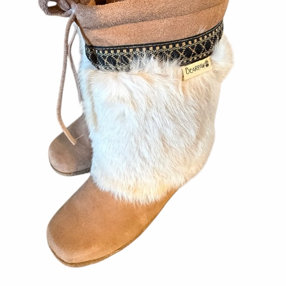 BEARPAW Genuine Sheepskin Suede Rabbit Fur-Trimmed Wedge Boots Women’s 8 - Picture 6 of 11